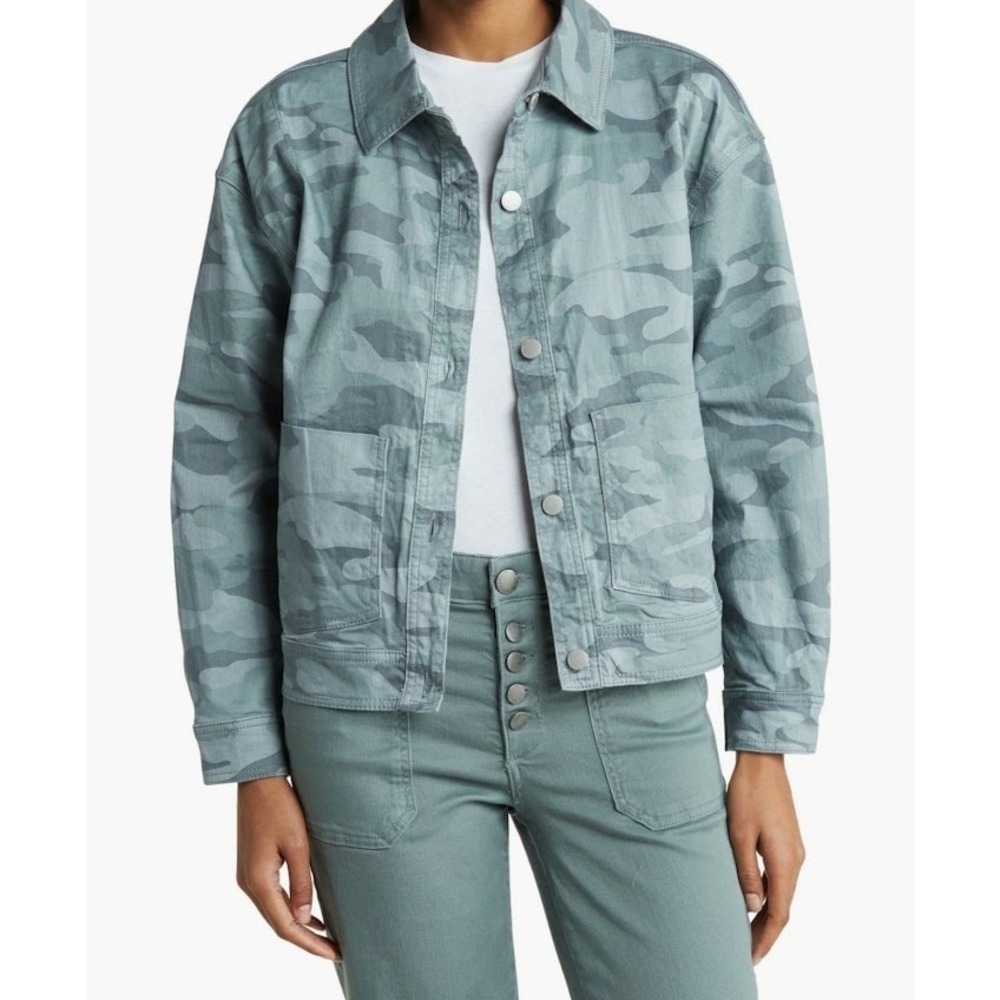 Democracy Camo Utility Jacket Womens Size S Grey Blue NWT Button Front Stretch